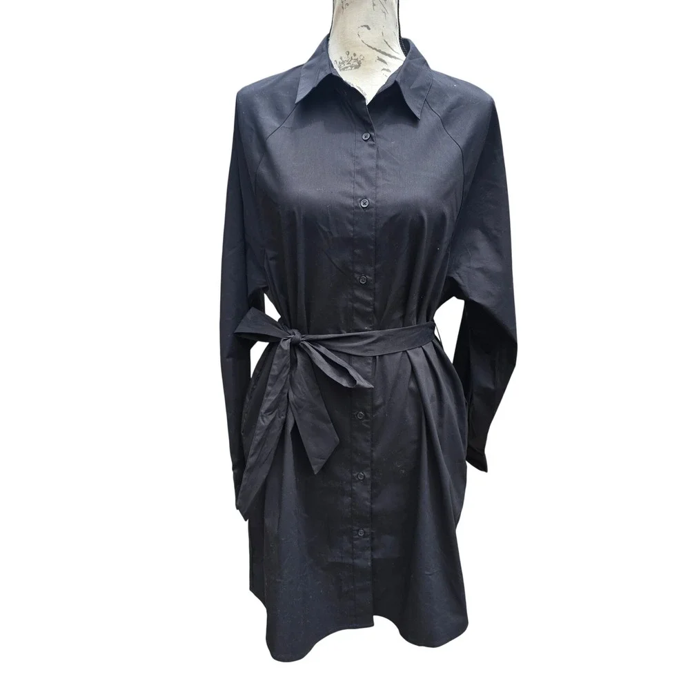 Express NWT Portofino Shirt Dress Black Long Sleeve Tie Waist Mini Size Small